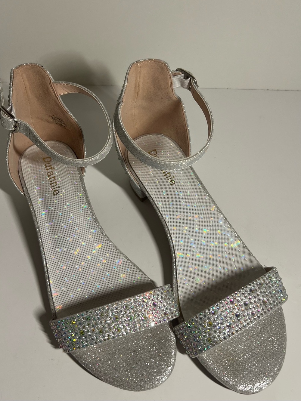 Annie Silver Glitter Ankle-Strap Heels with Rhinestone Toe Band